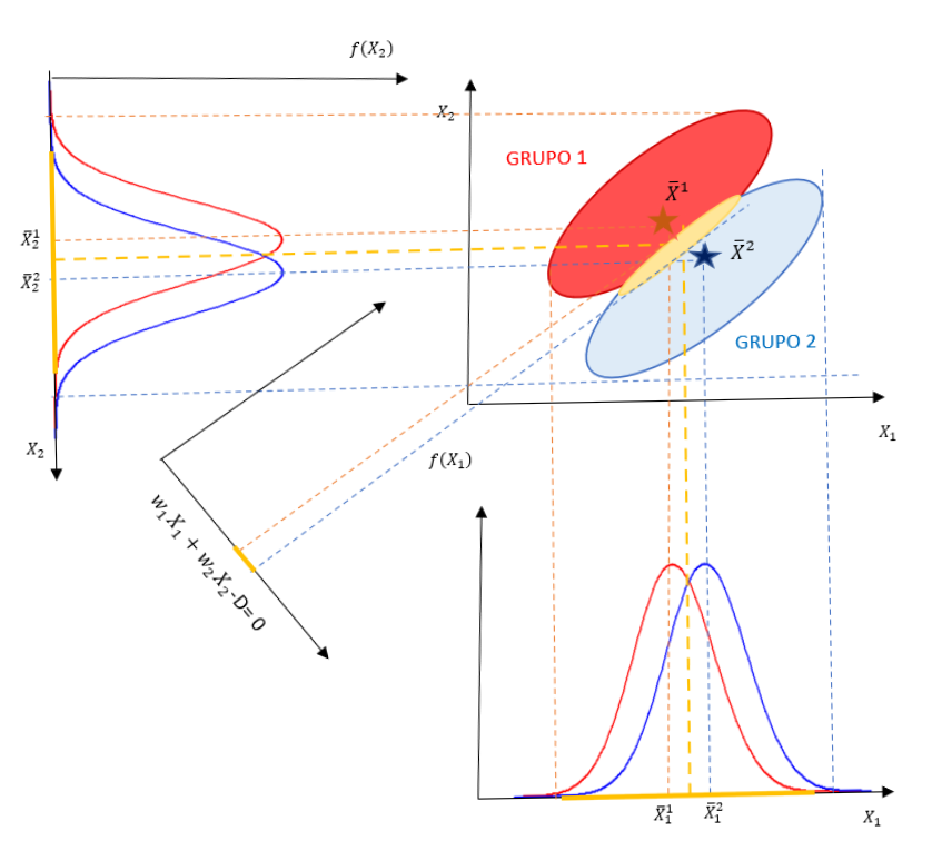 LDA: dos grupos y dos variables clasificadoras.