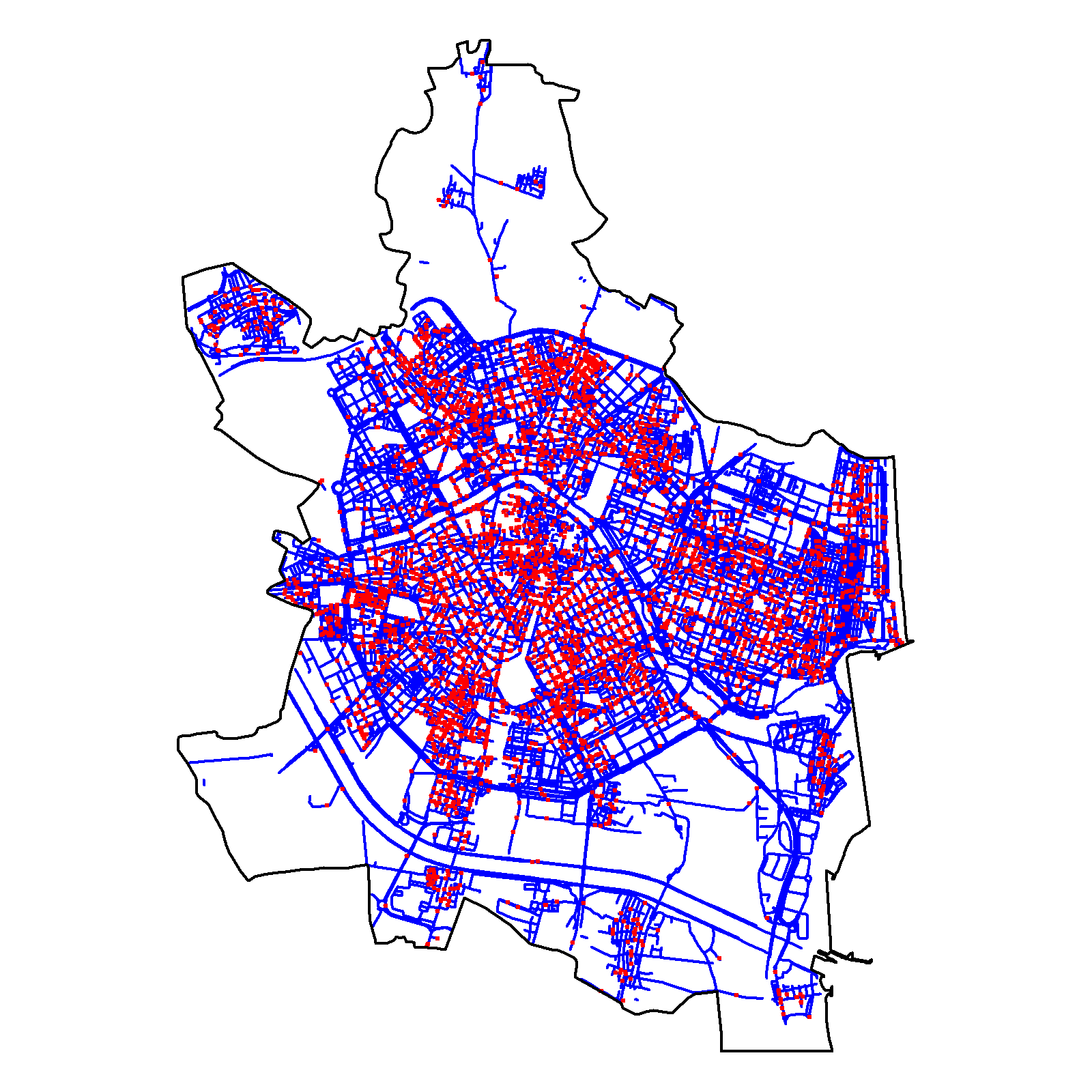 Intensidad estimada por función núcleo, usando el  estimador de borde uniforme corregido (izquierda), para los datos de delitos (puntos rojos) en Valencia durante 2020 (derecha). Los valores de intensidad muestran el número de crímenes por km lineal.