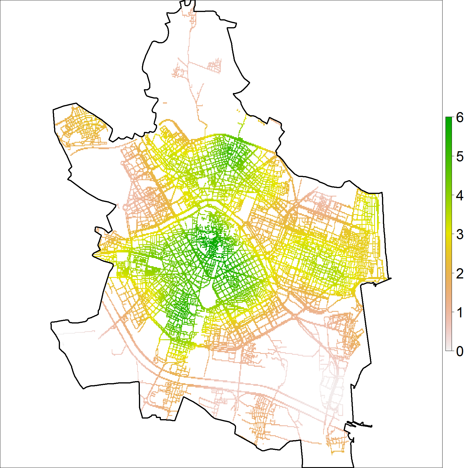 Intensidad estimada por función núcleo, usando el  estimador de borde uniforme corregido (izquierda), para los datos de delitos (puntos rojos) en Valencia durante 2020 (derecha). Los valores de intensidad muestran el número de crímenes por km lineal.