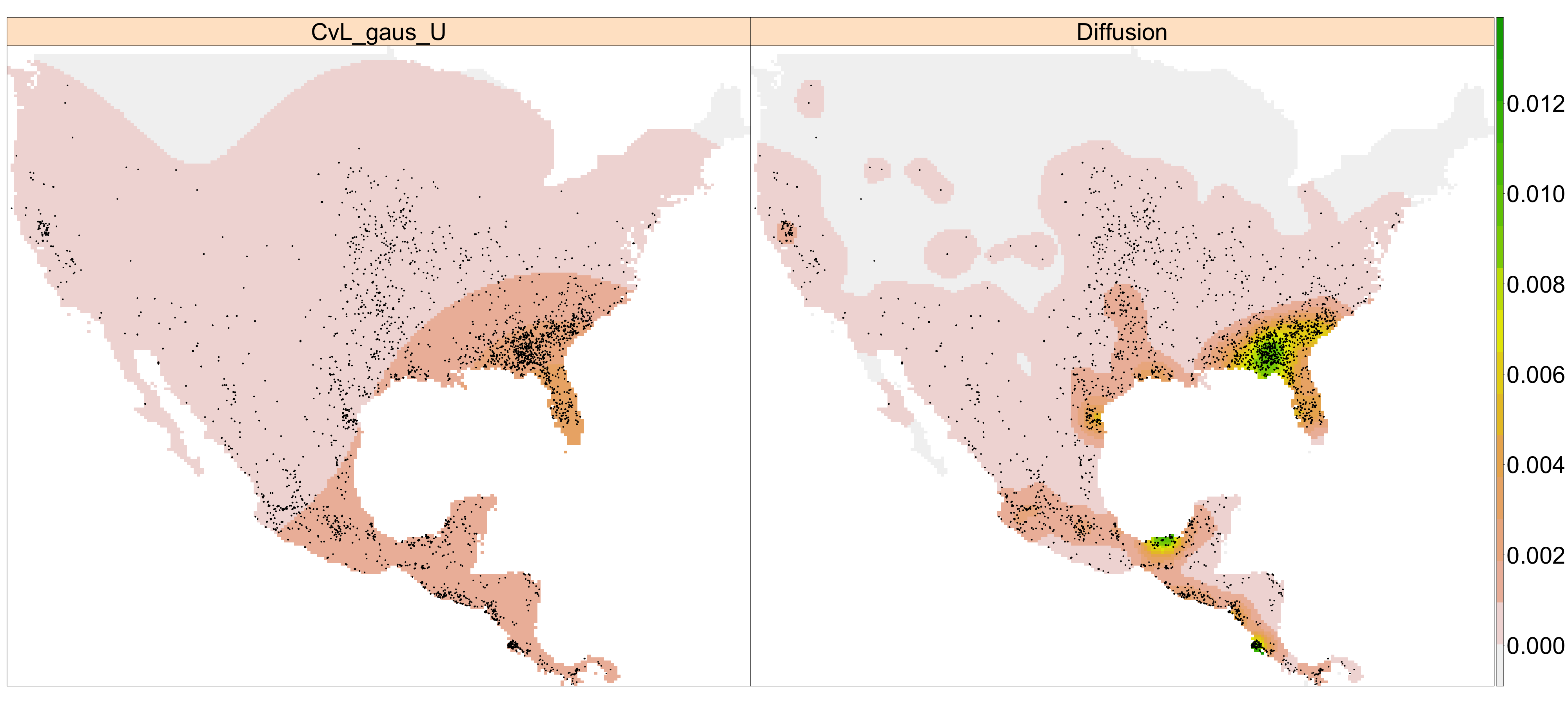 Estimación basada en función núcleo para incendios (puntos negros) en EE. UU. y Centroamérica (sin las islas) desde el 24 de febrero hasta el 3 de marzo de 2022. Izquierda: estimador con corrección uniforme con núcleo gaussiano. Derecha: estimador de difusión. El parámetro de suavizado fue obtenido con el criterio de Cronie--van Lieshout. Los valores de la intensidad son fuegos por 1.000 km2.