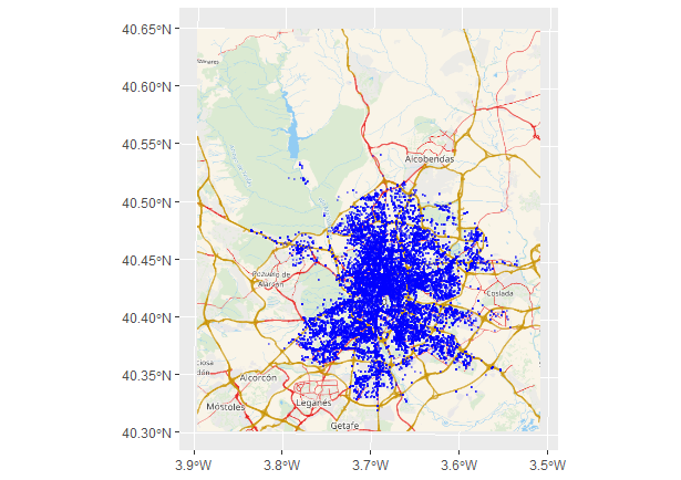 Accidentes de tráfico en Madrid proyectados y con mapa de carreteras (2020).