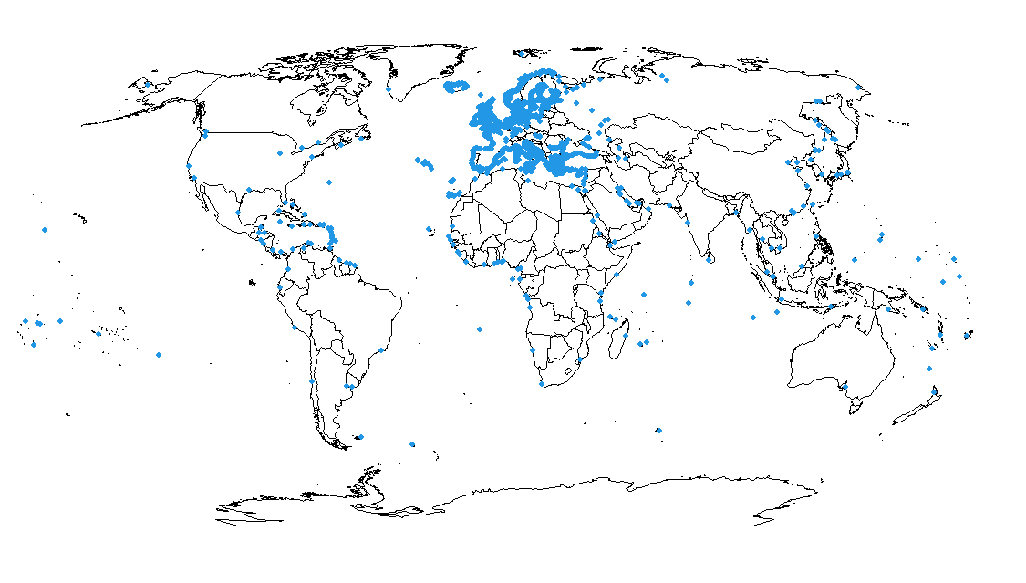 Localización de los puertos en el mapamundi (mismo CRS en los puertos y el mapa).