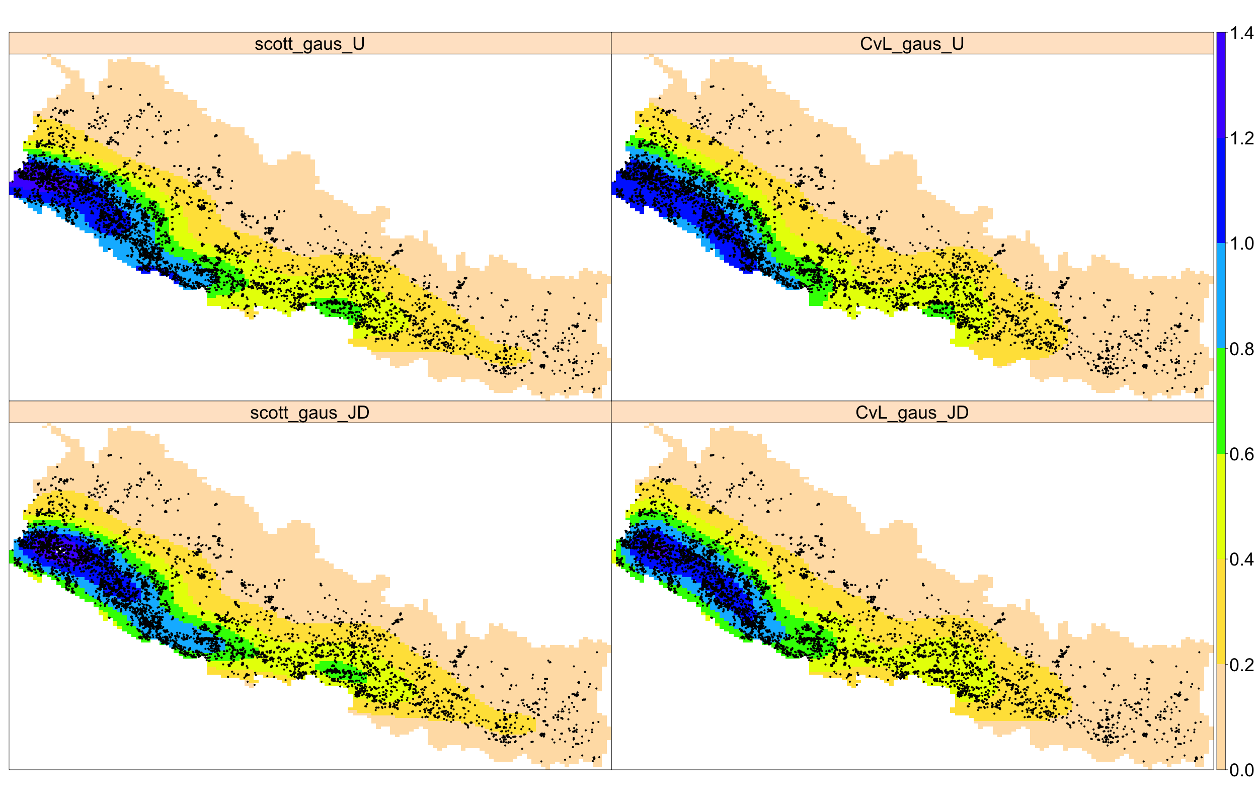 Estimación basada en funciones núcleo para los incendios forestales (puntos negros) en Nepal en 2016. Las etiquetas de los nombres comienzan con el método de suavizado, seguido del núcleo utilizado y de la corrección de borde.  Los valores de la intensidad indican el número de incendios por 10.000 km2. Se usan JD y U para indicar los estimadores de Jones-Diggle y con corrección uniforme para los bordes, respectivamente.