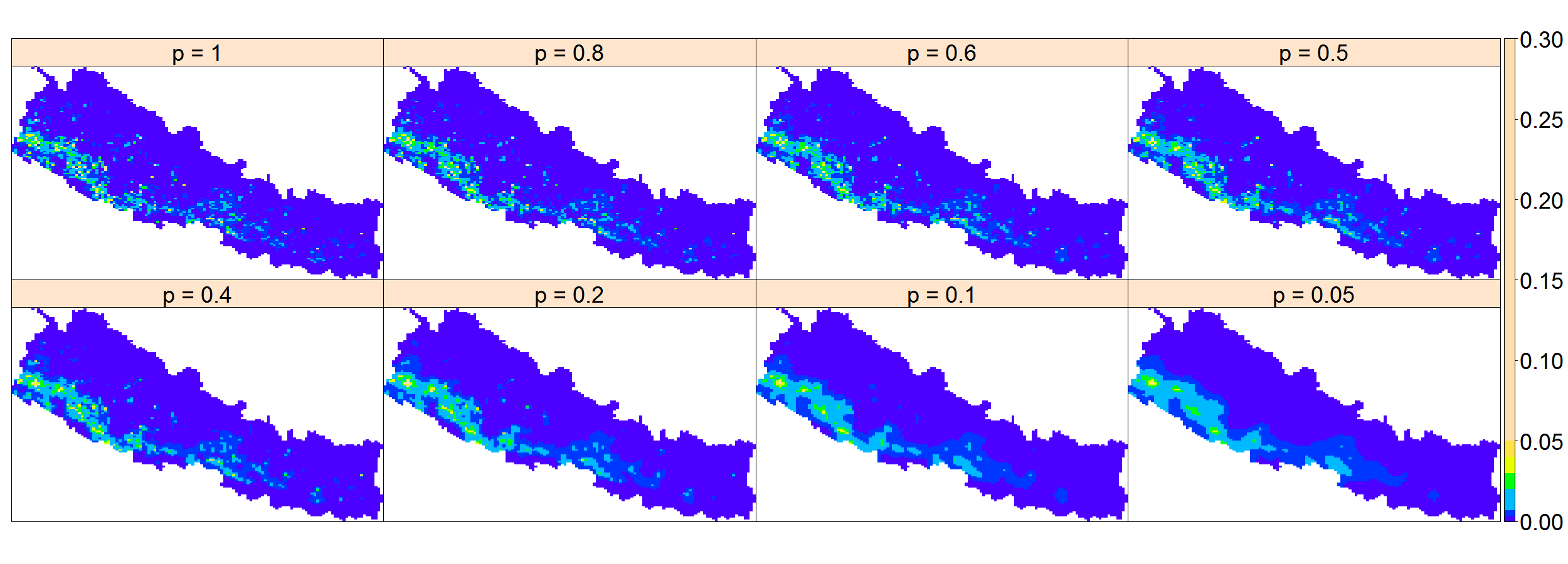 Estimaciones de la intensidad mediante estimadores de remuestreo-suavizado de Voronoi para los incendios en Nepal en 2016 con  diferentes probabilidades de retención. La intensidad proporciona el número de incendios por 10.000 km2.