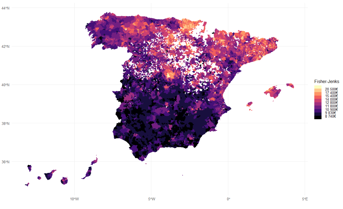 Renta neta per cápita en España, a escala municipal, en 2019, con Fisher-Jenks.