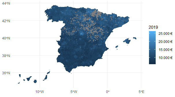 Renta neta media por persona (€) a escala municipal en España en 2019.