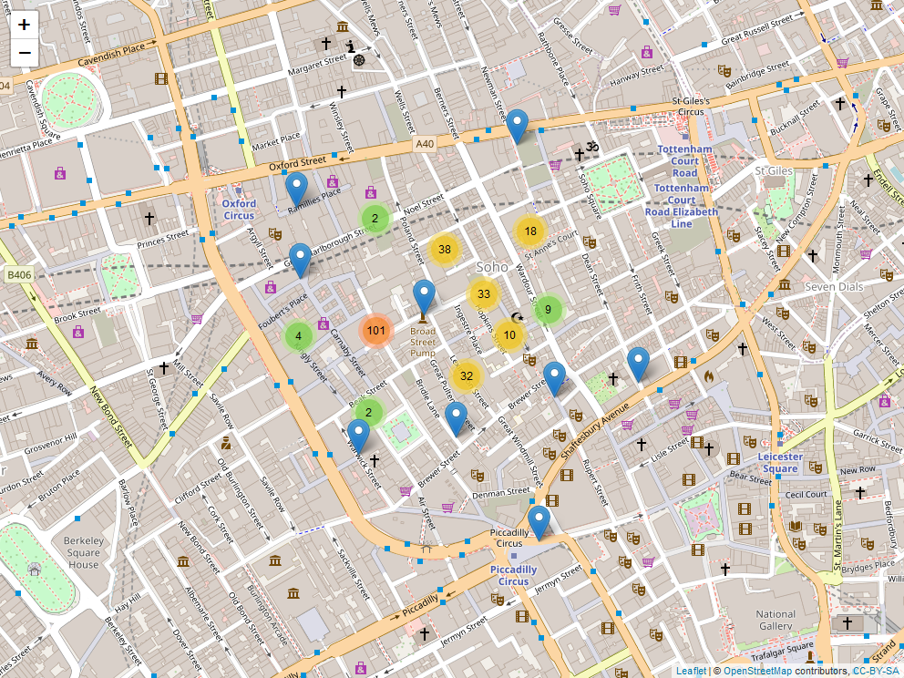 Mapa interactivo de las muertes por cólera en barrio del Soho (Londres) según Snow en 1854.