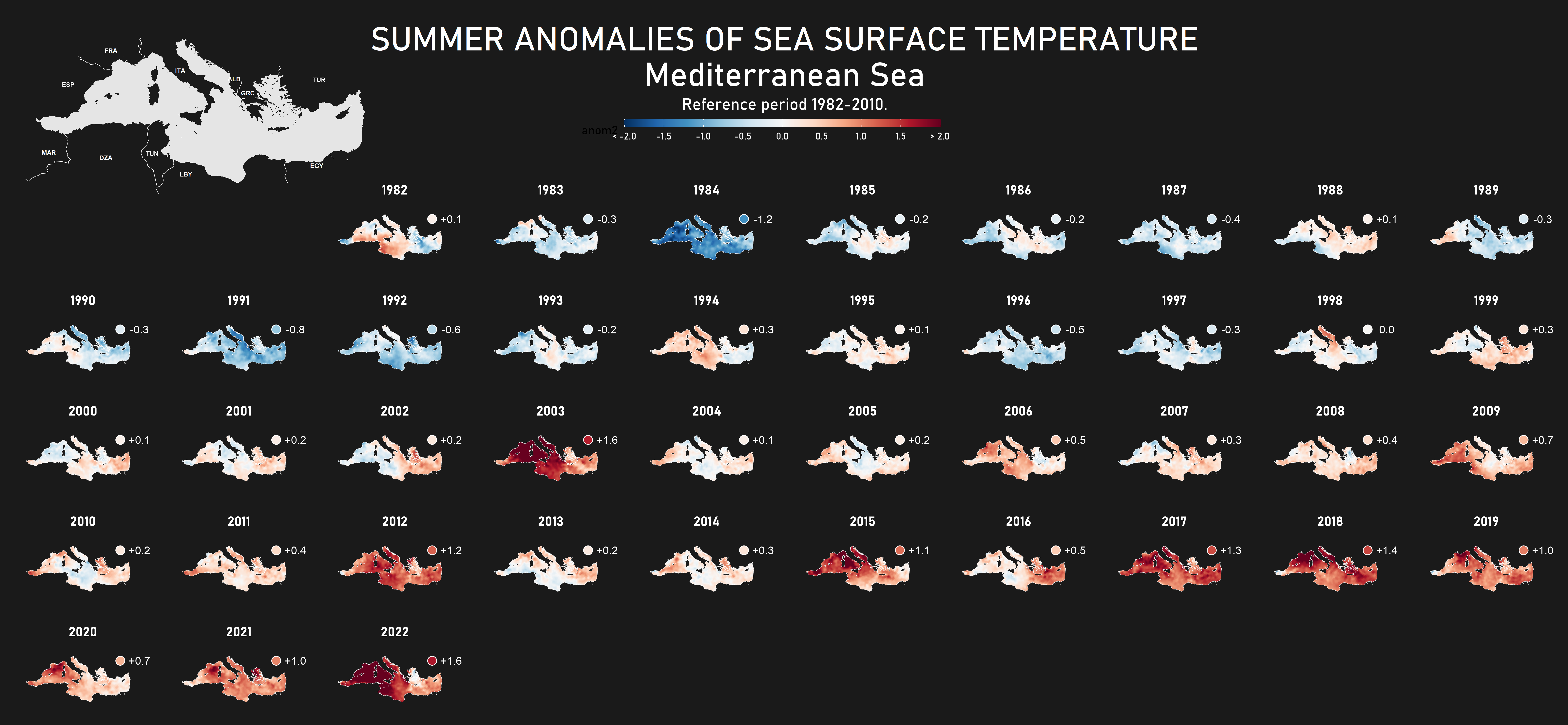 Distribución espacial de las anomalías estivales de la temperatura de superficie del mar Mediterráneo.